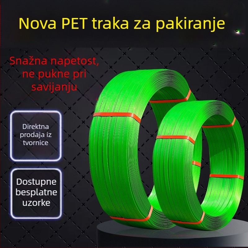 PET traka za pakiranje stroja, visoka napetost 650 kg, širina 16/19 mm, debljina 08/09/10 mm, rola Ø60/Ø40 mm