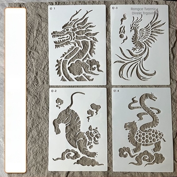 DIY Set za bojanje folijom s šablonom – Vermilion Bird, Xuanwu, Azure Dragon i White Tiger; Materijal: Plastika; Marka: Other; Nije uvezeno; IP odobrenje: Ne