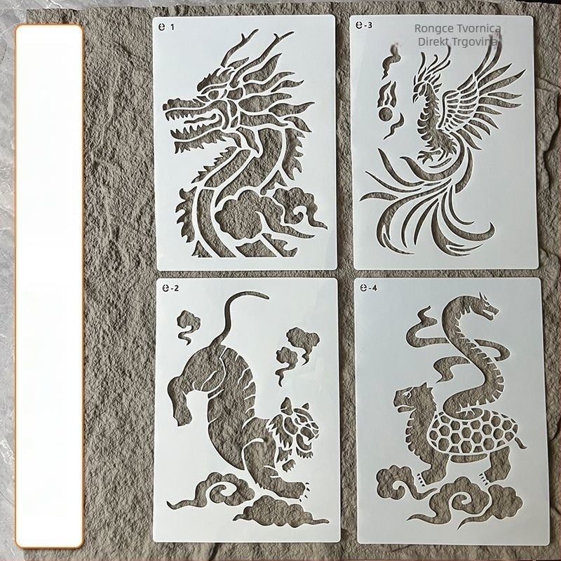 DIY Set za bojanje folijom s šablonom – Vermilion Bird, Xuanwu, Azure Dragon i White Tiger; Materijal: Plastika; Marka: Other; Nije uvezeno; IP odobrenje: Ne