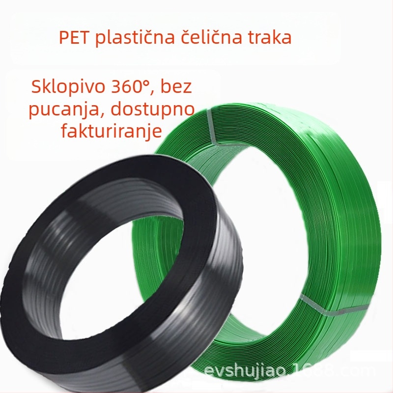 Prozirna PET traka za pakiranje od plastike-čelika, model 1608/1910, crna, bez jezgre, debljina 0,6–1 mm, nosivost 350–380 kg, težina rolne 10–20 kg, vanjski promjer rolne 50–60 mm, unutarnji promjer 30–38 mm