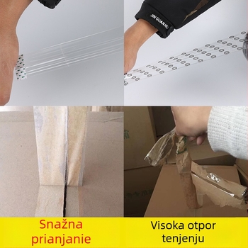 Pakirajuća traka na BOPP podlozi; viskoznost visoka; rezanje zahtijeva alat; sustav ljepila: Packing Tape Express Tape; temperaturna otpornost: kratkoročno do 80°C, dugoročno do 40°C