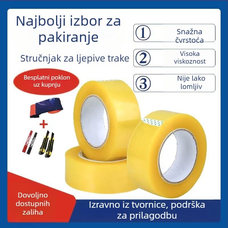 Pakirajuća traka na BOPP podlozi; viskoznost visoka; rezanje zahtijeva alat; sustav ljepila: Packing Tape Express Tape; temperaturna otpornost: kratkoročno do 80°C, dugoročno do 40°C