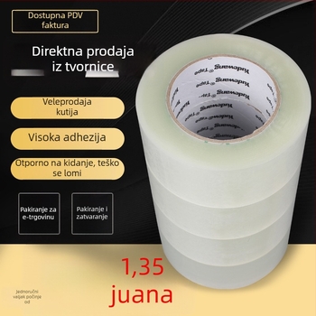Prozirna pakirna traka – BOPP film, širina 35–60 mm, duljina 100 m, debljina 52 mm, ljepilo osjetljivo na tlak