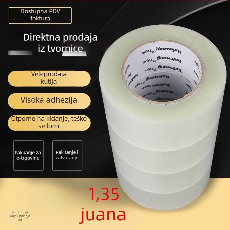 Prozirna pakirna traka – BOPP film, širina 35–60 mm, duljina 100 m, debljina 52 mm, ljepilo osjetljivo na tlak