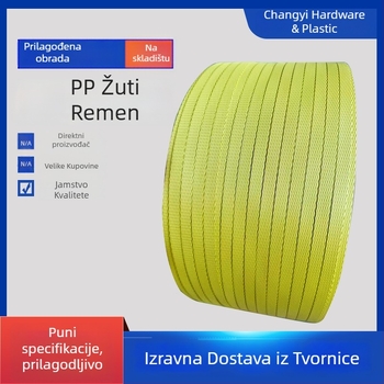 PP traka za pakiranje s topljenjem za poluautomatnske i potpuno automatnske strojeve; plastična traka za pakiranje; debljina 0,5–0,95 mm; naprezanje 100 kg; težina 9–10 kg; vanjski i unutarnji promjer role prilagodljivi