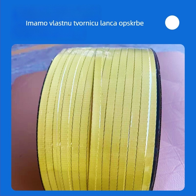 PP traka za pakiranje s topljenjem za poluautomatnske i potpuno automatnske strojeve; plastična traka za pakiranje; debljina 0,5–0,95 mm; naprezanje 100 kg; težina 9–10 kg; vanjski i unutarnji promjer role prilagodljivi