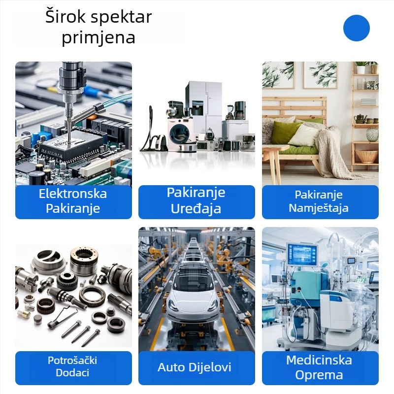 PP traka za pakiranje s topljenjem za poluautomatnske i potpuno automatnske strojeve; plastična traka za pakiranje; debljina 0,5–0,95 mm; naprezanje 100 kg; težina 9–10 kg; vanjski i unutarnji promjer role prilagodljivi