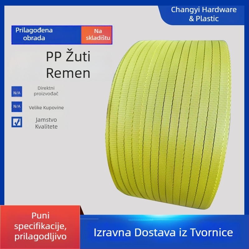 PP traka za pakiranje s topljenjem za poluautomatnske i potpuno automatnske strojeve; plastična traka za pakiranje; debljina 0,5–0,95 mm; naprezanje 100 kg; težina 9–10 kg; vanjski i unutarnji promjer role prilagodljivi
