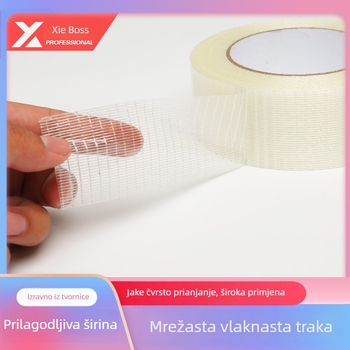 Jednostrana mrežasta staklena traka za fiksiranje kalupa i električnih uređaja; podloga PET+staklena vlakna; prozirni ljepilo; širina 10–60 mm; duljina 50 m; temperaturni raspon -20…40 °C.