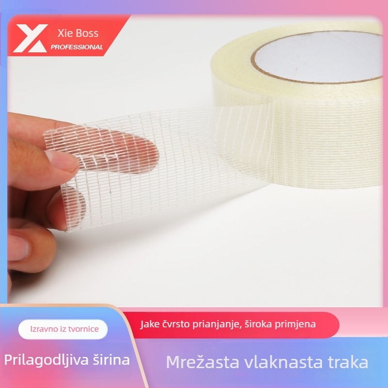 Jednostrana mrežasta staklena traka za fiksiranje kalupa i električnih uređaja; podloga PET+staklena vlakna; prozirni ljepilo; širina 10–60 mm; duljina 50 m; temperaturni raspon -20…40 °C.