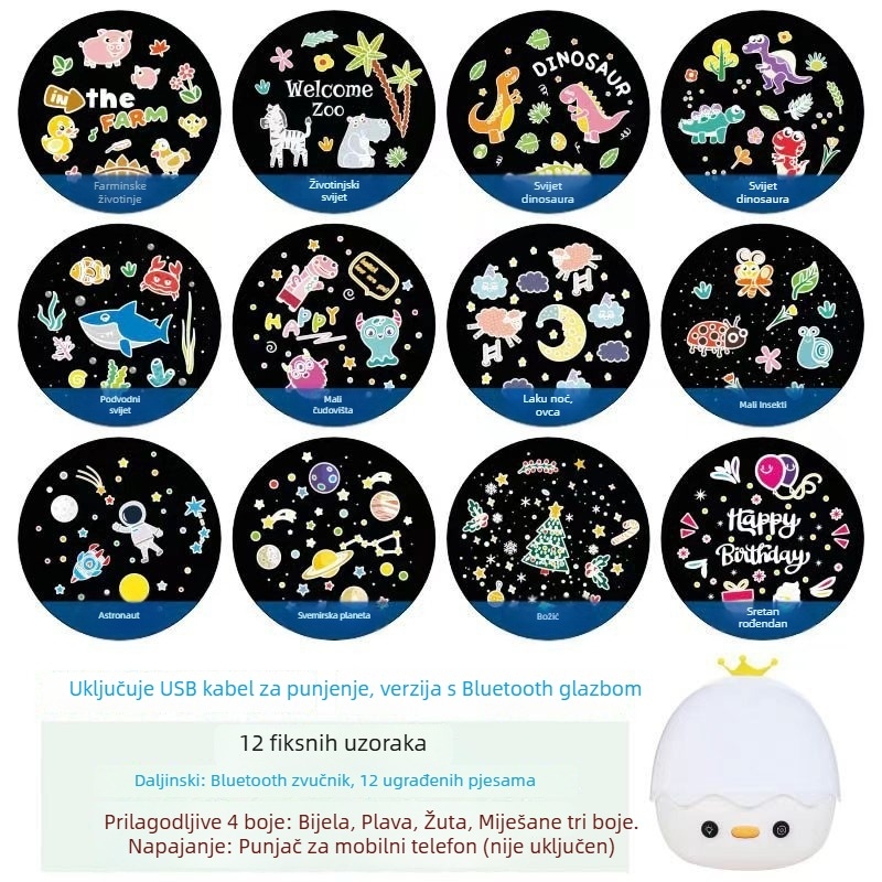 Projektna lampa s krunom projekcije, rotirajuća noćna svjetiljka za spavaću sobu – HD projekcija, napajanje USB/ugrađena baterija, stolna montaža, bez pametnog upravljanja