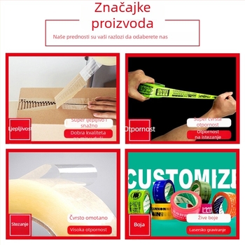 Paketna traka s BOPP filmom 52 μm, ljepilo osjetljivo na pritisak, za logističko pakiranje i elektroničko poslovanje, temperaturni raspon -30°C do 120°C.