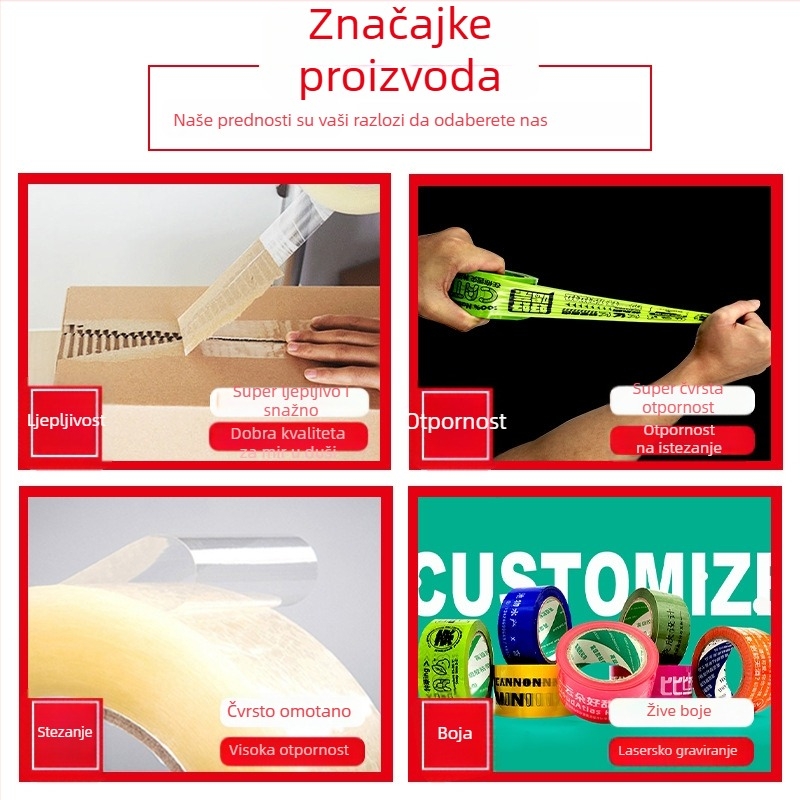 Paketna traka s BOPP filmom 52 μm, ljepilo osjetljivo na pritisak, za logističko pakiranje i elektroničko poslovanje, temperaturni raspon -30°C do 120°C.