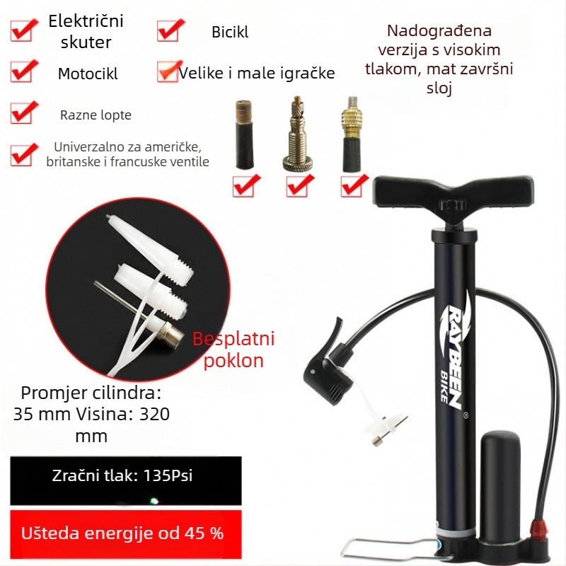 Ručna pumpa za bicikl - prijenosna, 0,6 kg, duljina 32–58 cm, 120–160 psi, kompatibilna s ventilima Presta/Schrader/Dunlop