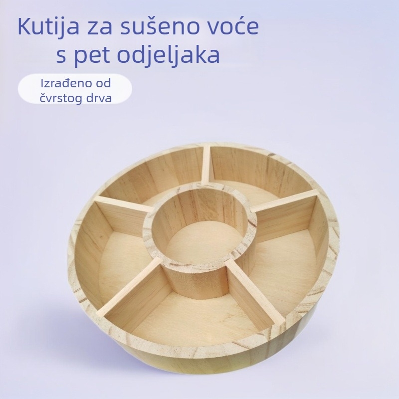 Drvena kutija za sušeno voće od borovine s pet odjeljaka — bez poklopca, podijeljeni pladanj za dnevni boravak, moderan minimalistički stil