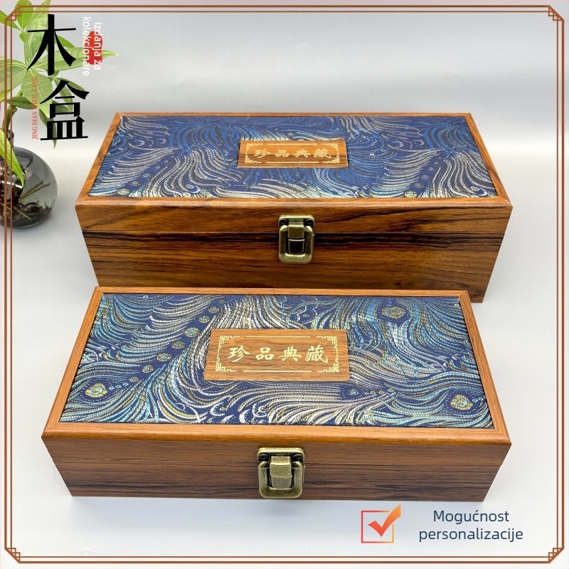 Prostorna antikna drvena kutija s imitacijom ružinog drveta, kutija za darove od fiberboarda, brend Mingjiang wood art, dekorativni rola i izvezeni brokat
