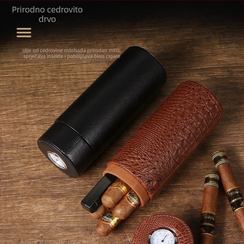 Kutija za vlagu cigare s higrometrom - prijenosna zatvorena cijev za vlaženje, Forten, čvrsto drvo + koža