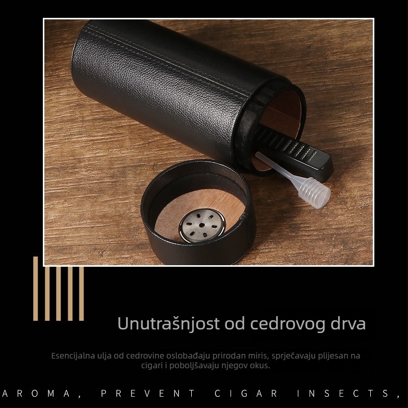 Kutija za vlagu cigare s higrometrom - prijenosna zatvorena cijev za vlaženje, Forten, čvrsto drvo + koža