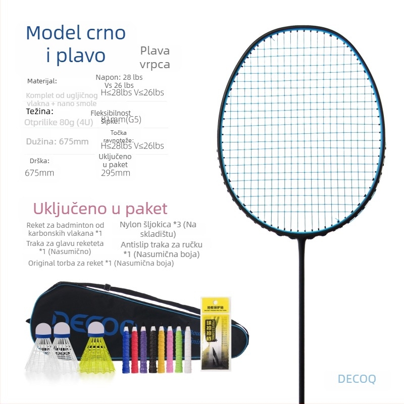 Badminton raketa od karbonskih vlakana za trening — ultra lagana, 80–84 g, okvir od karbona, drška G5, pogodna za amatere i srednje napredne igrače