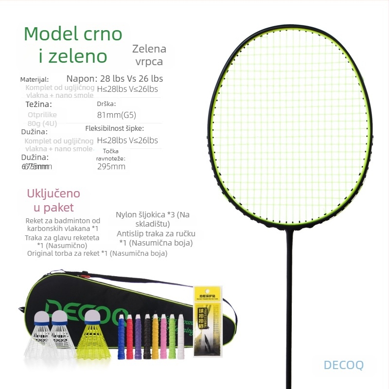Badminton raketa od karbonskih vlakana za trening — ultra lagana, 80–84 g, okvir od karbona, drška G5, pogodna za amatere i srednje napredne igrače