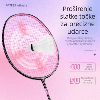 Badminton raketa Witess/Witness YA717 – karbonska vlakna okvira, težina 80–84 g, ručka G5, najlonske strune, model ravnomjernog udarca