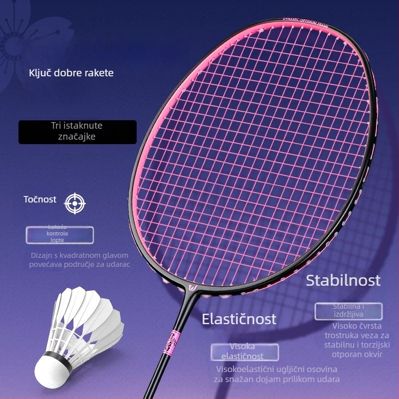 Badminton raketa Witess/Witness YA717 – karbonska vlakna okvira, težina 80–84 g, ručka G5, najlonske strune, model ravnomjernog udarca