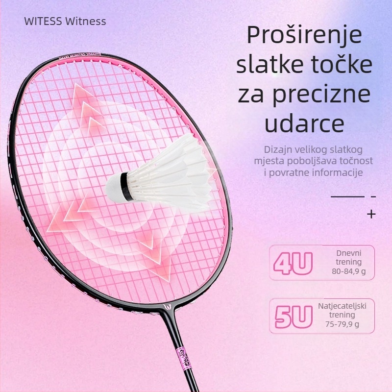 Badminton raketa Witess/Witness YA717 – karbonska vlakna okvira, težina 80–84 g, ručka G5, najlonske strune, model ravnomjernog udarca