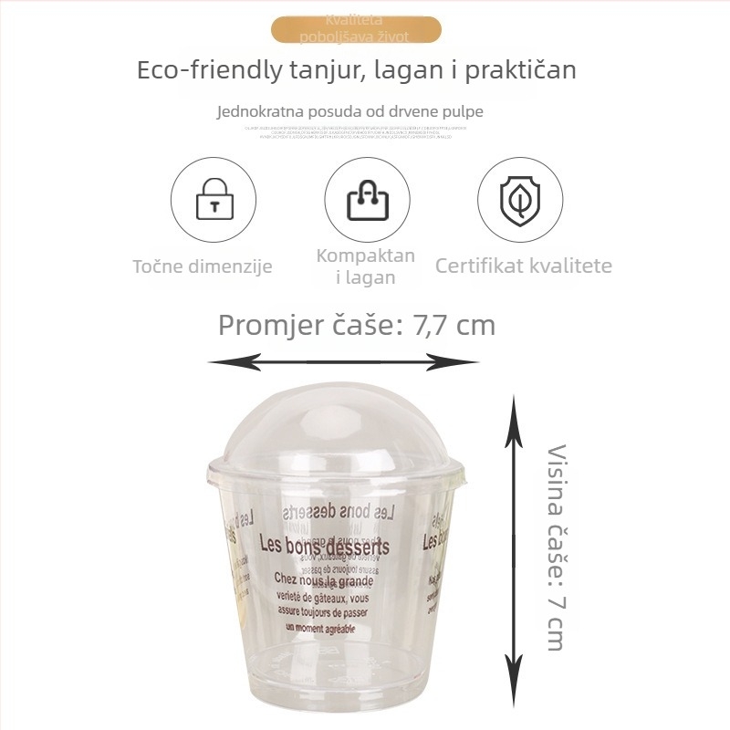 Jednokratna posuda za desert s poklopcem, 200 ml, PS plastika; pogodna za kafiće, hladna pića i deserte