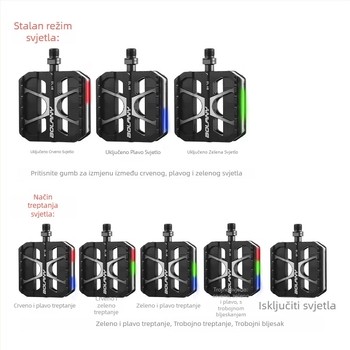 Pedale za bicikl s LED svjetlom, 3 ležaja, aluminijska legura, model PD412-BOLANY-BY7.0BK, opće korištenje