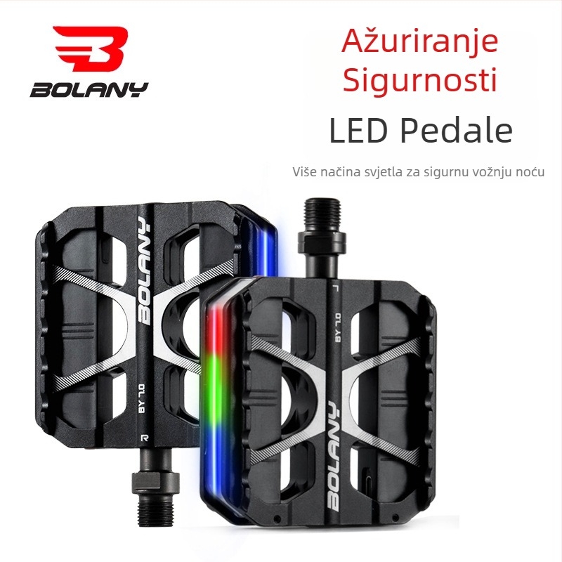 Pedale za bicikl s LED svjetlom, 3 ležaja, aluminijska legura, model PD412-BOLANY-BY7.0BK, opće korištenje