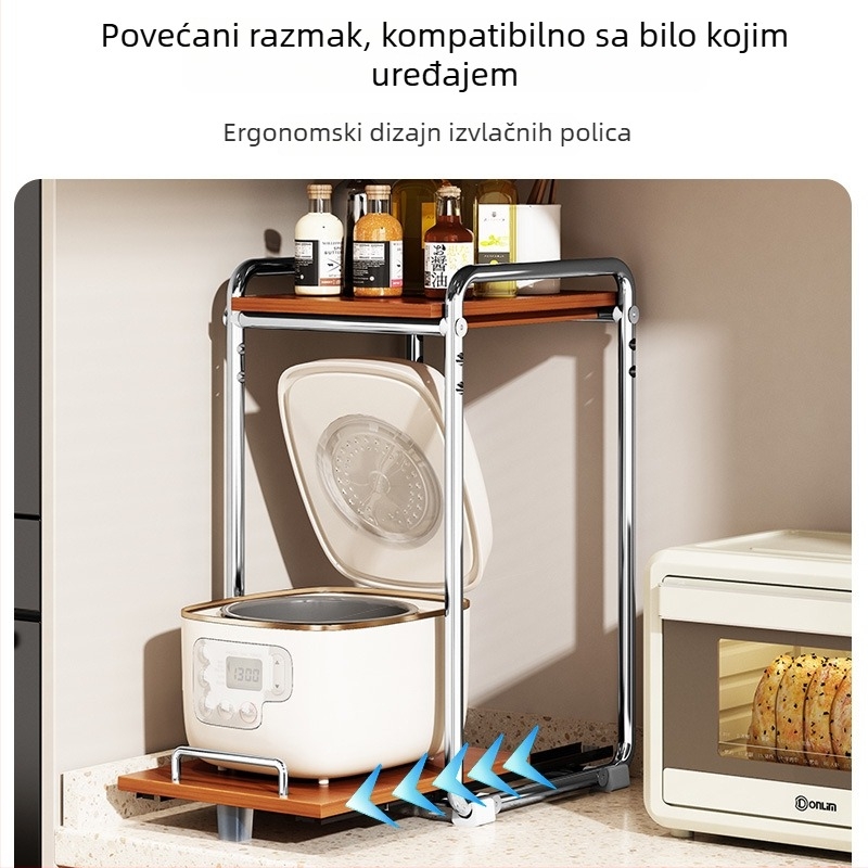 Kuhinjski stalak za mikrovalnu pećnicu na kuhinjskom pultu, dvostruki, povlačni, nosač za rice cooker, konstrukcija od plastike i čelika, srednjovjekovni stil, višenamjensko skladištenje