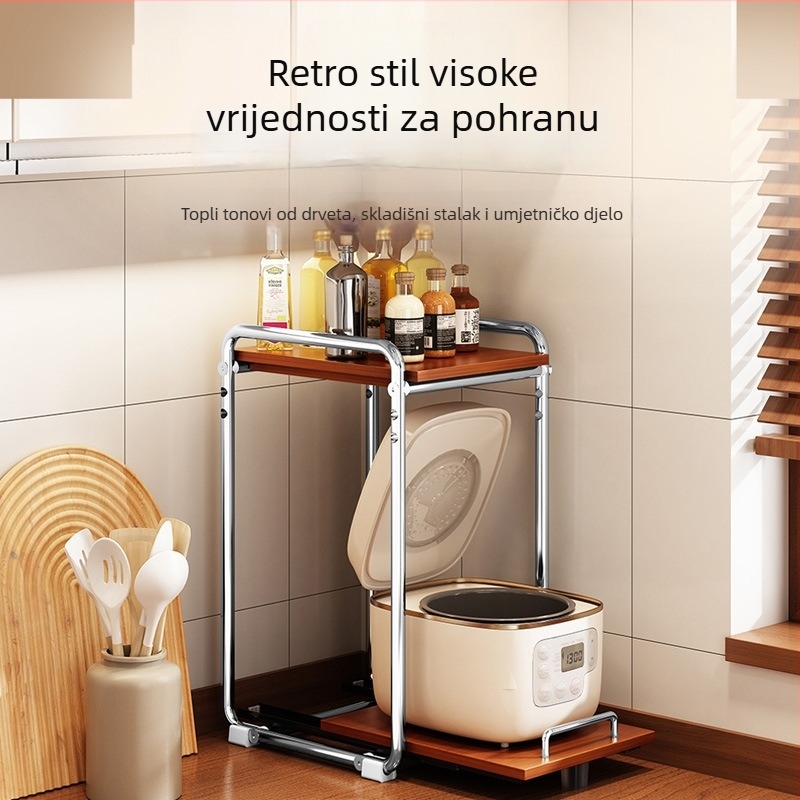 Kuhinjski stalak za mikrovalnu pećnicu na kuhinjskom pultu, dvostruki, povlačni, nosač za rice cooker, konstrukcija od plastike i čelika, srednjovjekovni stil, višenamjensko skladištenje