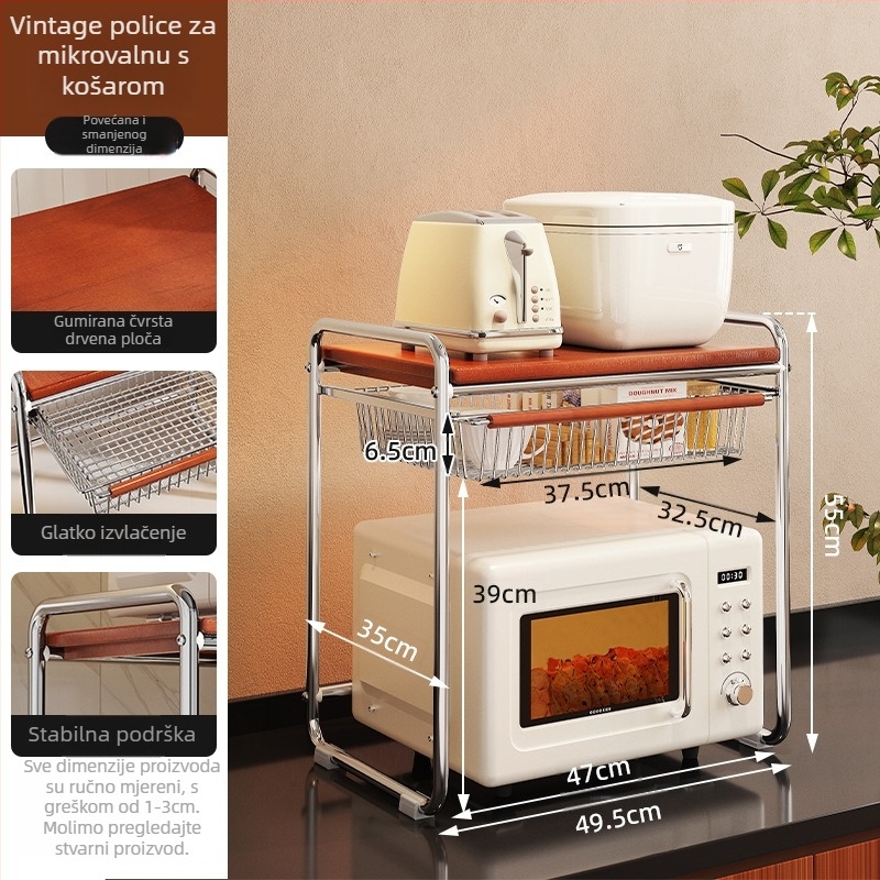 Kuhinjski stalak za mikrovalnu pećnicu na kuhinjskom pultu, dvostruki, povlačni, nosač za rice cooker, konstrukcija od plastike i čelika, srednjovjekovni stil, višenamjensko skladištenje