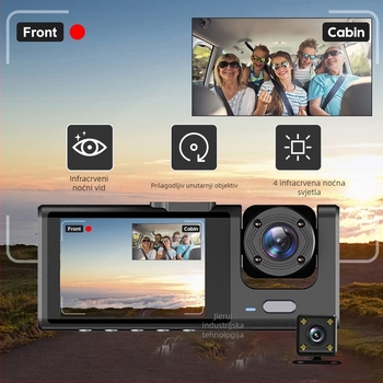 C309 trostruka dash cam s Wi-Fi i mobilnom povezanošću, 1080p, 120° kut, prednje/unutarnje/stražnje kružno snimanje, 16GB memorije