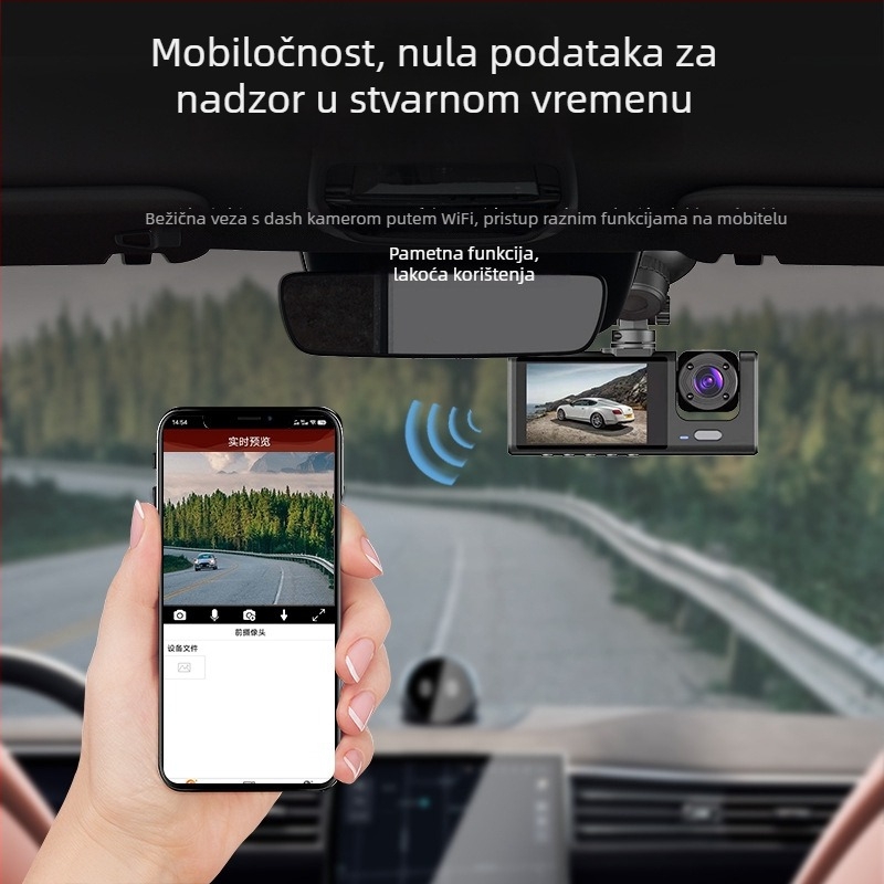C309 trostruka dash cam s Wi-Fi i mobilnom povezanošću, 1080p, 120° kut, prednje/unutarnje/stražnje kružno snimanje, 16GB memorije
