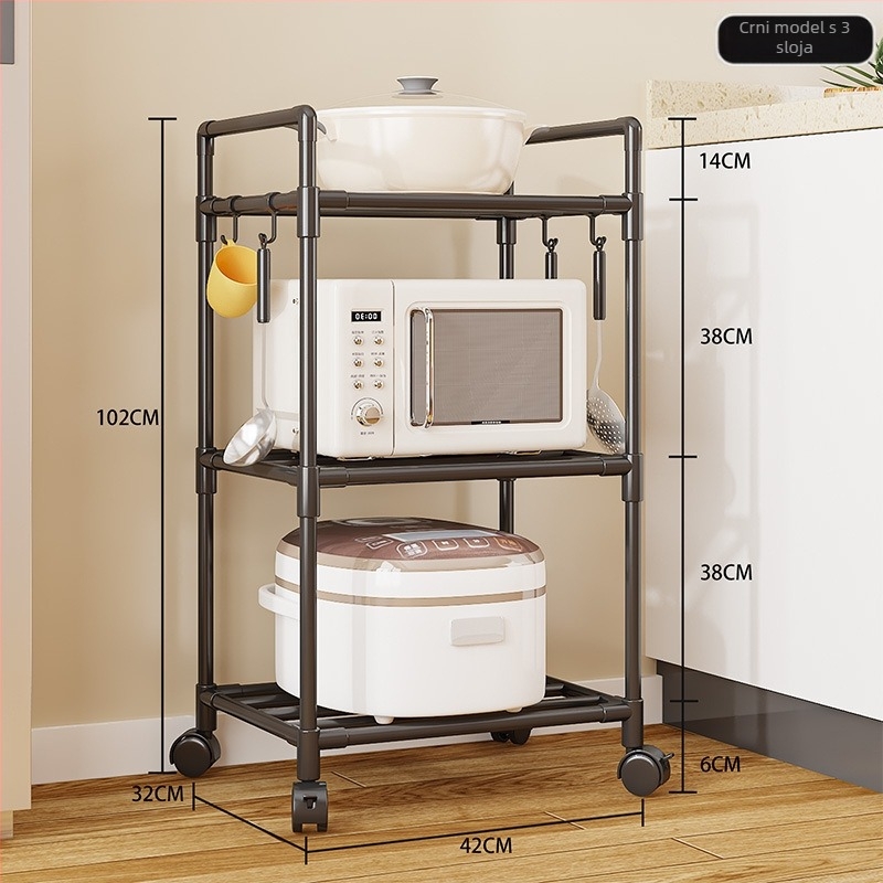 Podni stojeći 3-slojni kuhinjski regal za skladištenje, držač za mikrovalnu i posuđe, plastični, sklopiv, prenosiv, bez bušenja