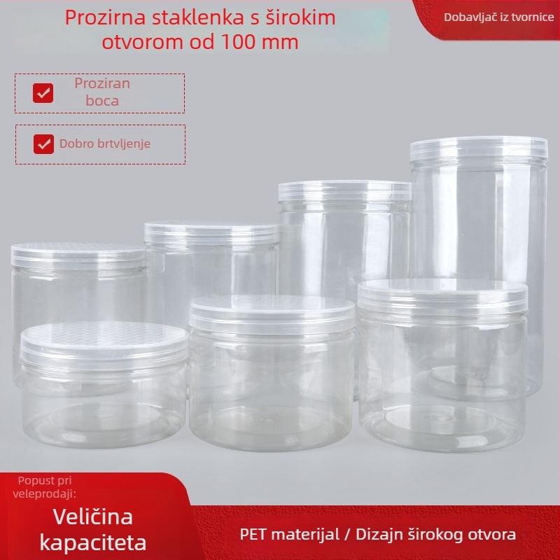 Prozirna PET plastična posuda za skladištenje, široko otvorena, vijčani poklopac, kalibar 10