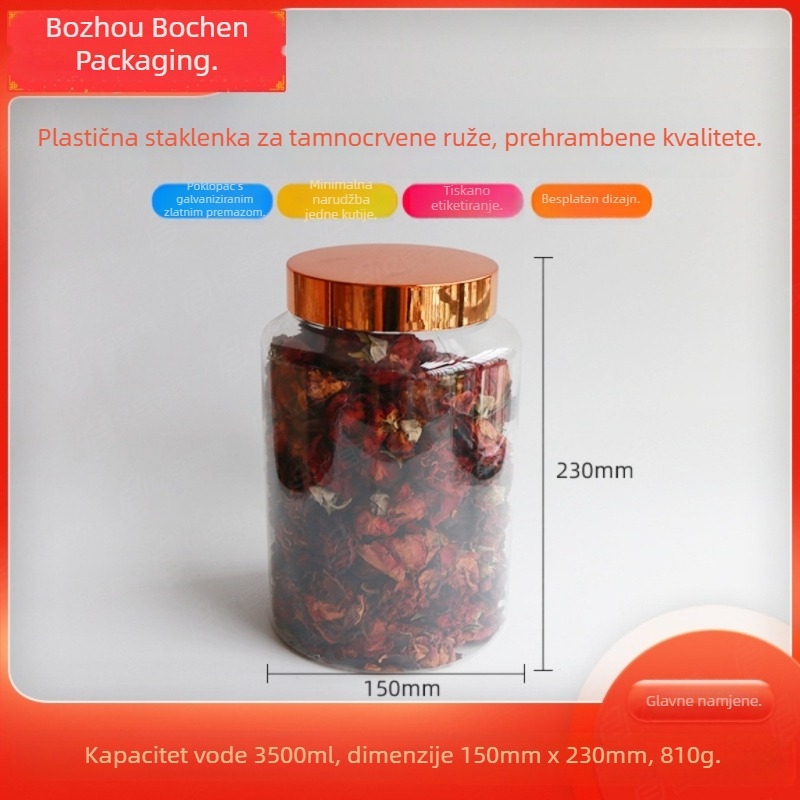 PET zatvorena spremnik za hranu za tamno crvene cvjetove i ruže, kalibar 110, 250 g sušene kore mandarine