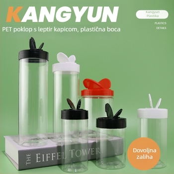 Plastična boca za začine s leptir flip-top poklopcem, prozirno PET tijelo, plastični poklop, za prah kumine