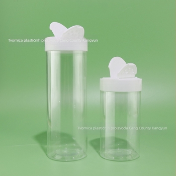 Plastična boca za začine s leptir flip-top poklopcem, prozirno PET tijelo, plastični poklop, za prah kumine