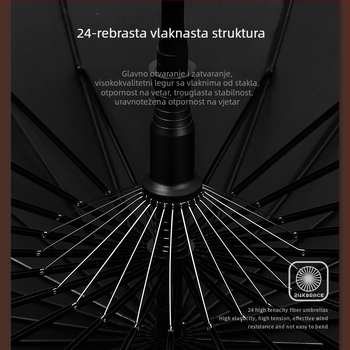 Dugi kišobran za muškarce s zakrivljenom drvenom drškom – ojačana konstrukcija, 24 rebara, poluotvaranje, tkanina 190T