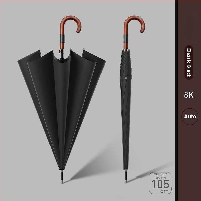 Dugi kišobran za muškarce s zakrivljenom drvenom drškom – ojačana konstrukcija, 24 rebara, poluotvaranje, tkanina 190T