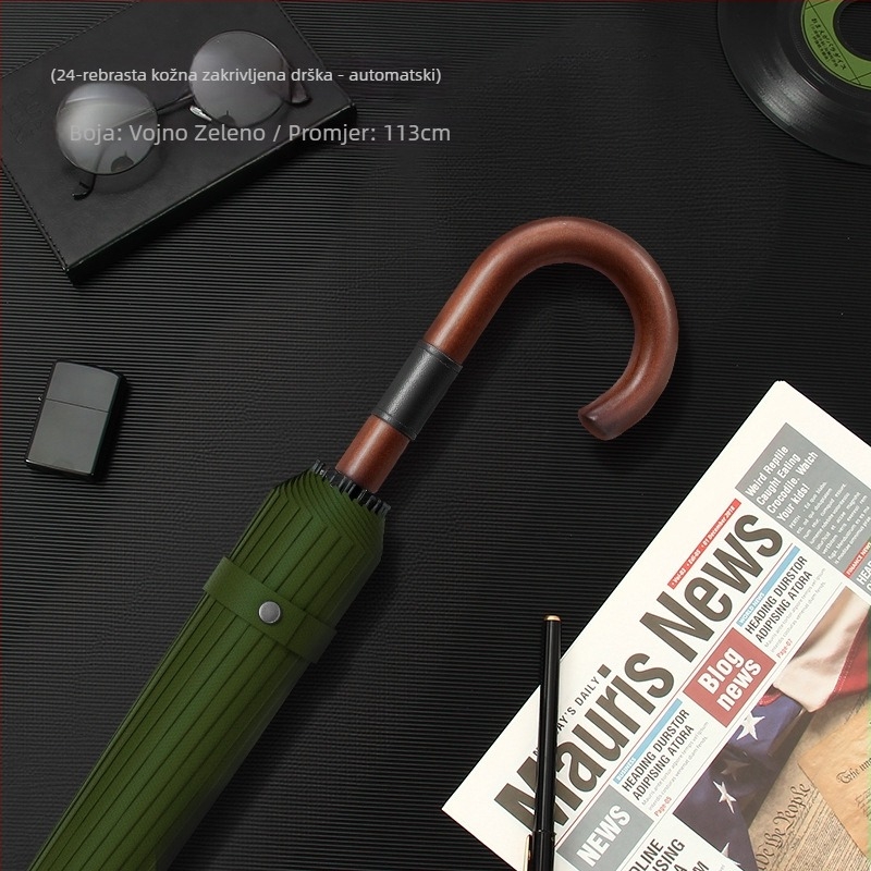 Dugi kišobran za muškarce s zakrivljenom drvenom drškom – ojačana konstrukcija, 24 rebara, poluotvaranje, tkanina 190T