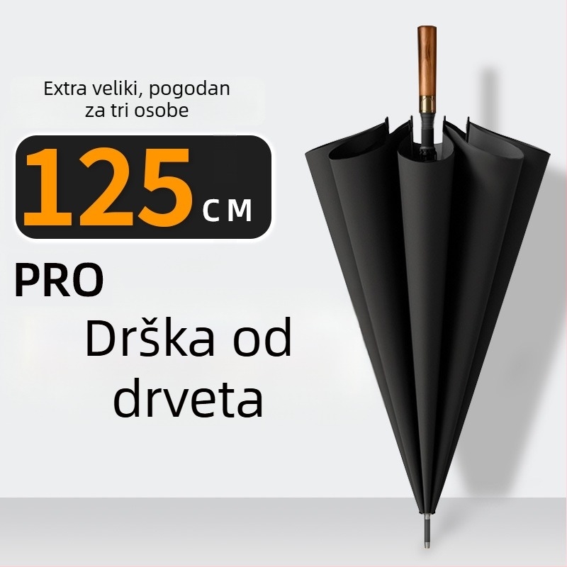 Dugi kišobran za muškarce s zakrivljenom drvenom drškom – ojačana konstrukcija, 24 rebara, poluotvaranje, tkanina 190T