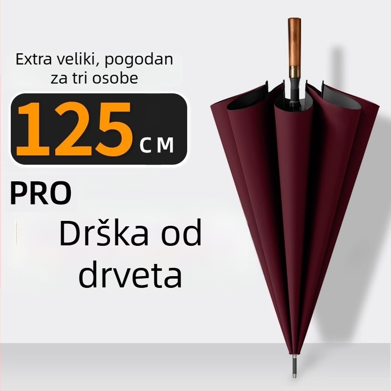 Dugi kišobran za muškarce s zakrivljenom drvenom drškom – ojačana konstrukcija, 24 rebara, poluotvaranje, tkanina 190T