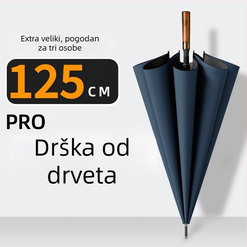 Dugi kišobran za muškarce s zakrivljenom drvenom drškom – ojačana konstrukcija, 24 rebara, poluotvaranje, tkanina 190T