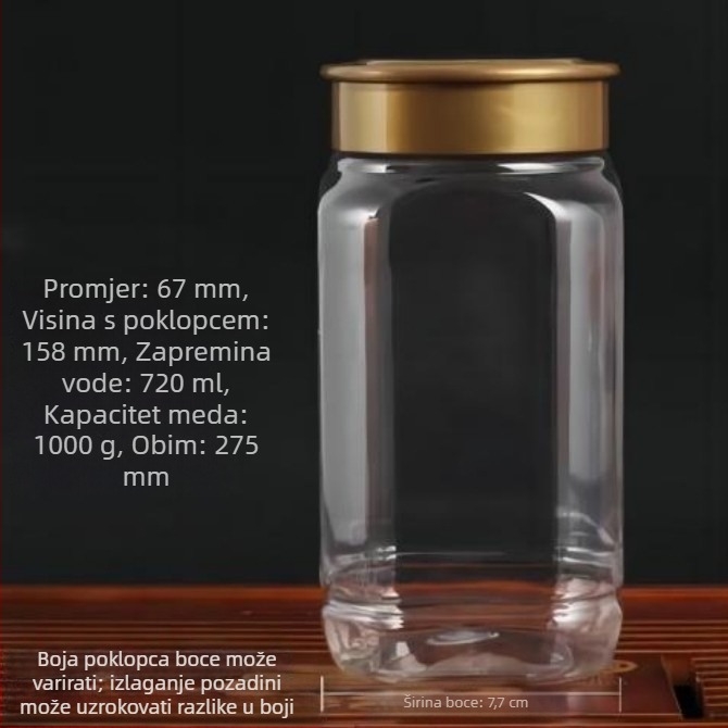 Bočica za med, PET plastika, kapacitet 1000 g, s poklopcem, naljepnica označivanje, logo otisnut