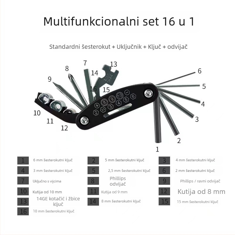 16-in-1 sklopivi multifunkcionalni set odvijača za popravak motocikala i električnih bicikala, od #45 čelika