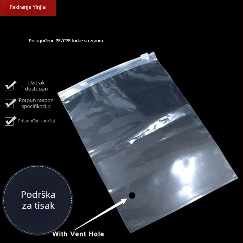 Prilagođena PE vrećica s zatvaračem, prozirna mat CPE, za odjeću i čarape, zatvaračka vrećica za pakiranje, mogućnost tiskanja logotipa, 100% virgin materijali, metode tiska: offset, UV, gravura, nosivost 1000