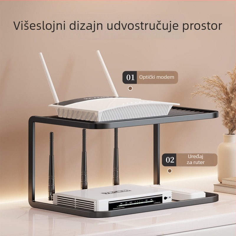 Stalak za ruter i uređaje, 3-etažni metalni stalak s ventilacijom, za kućnu upotrebu – moderan minimalistički stil